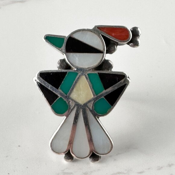 Early Vintage Zuni Native American Bird Ring Inlaid Gemstones Size 5 - Picture 8 of 13
